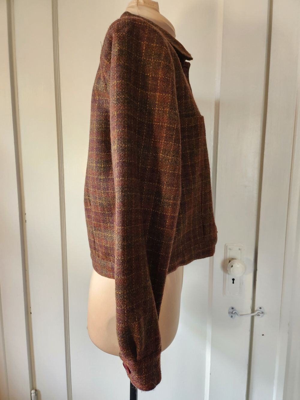 Vtg 100% Wool Autumn Leaves Brown Checked Plaid Tweed Bomber Jacket - Picture 9 of 11